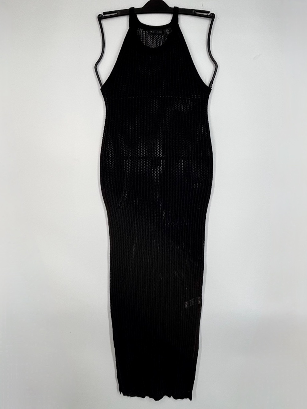 Tahari Womens Small Maxi Dress Beach Swim Cover Up Black Crochet Knit Sleeveless